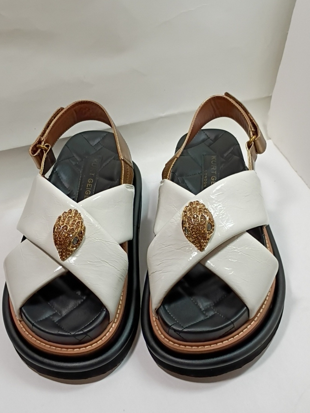Kurt Geiger White Leather Crisscross Sandals with Gold Medallion